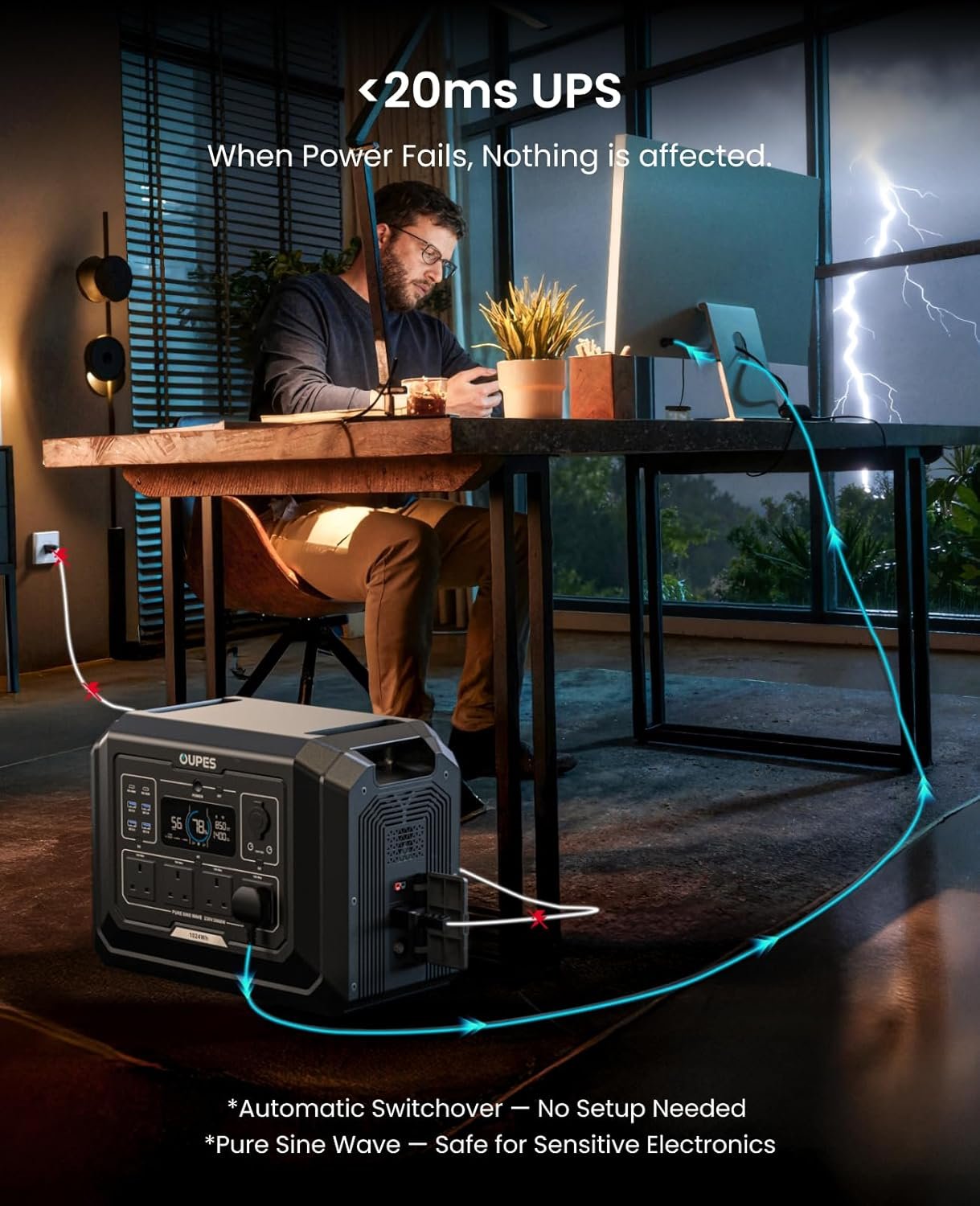 Person working at a desk with a power station and lightning graphic, emphasizing UPS technology.