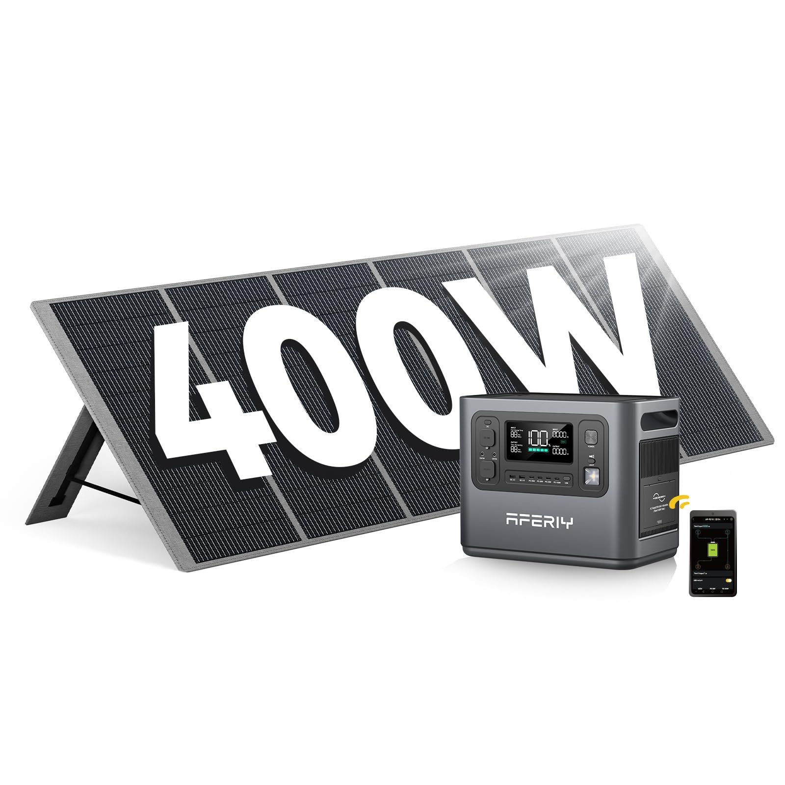 A 400W solar panel set with a portable power station and a smartphone shown on a clean white background. The solar panel is angled and displays a large white '400W' text overlay.